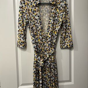 Diane Von Furstenberg Yellow and White Wrap Dress with Notched Collar